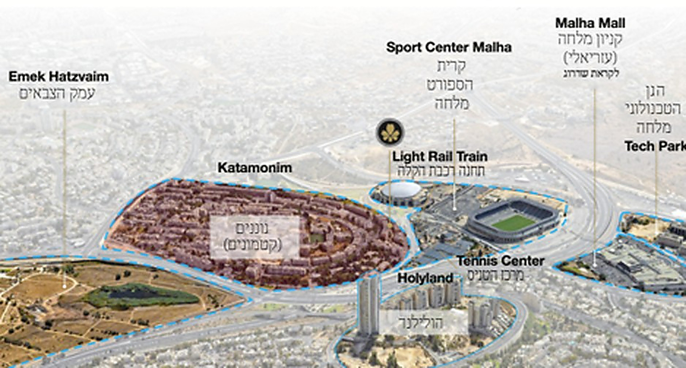 Annotated map of Katamonim and surrounding landmarks